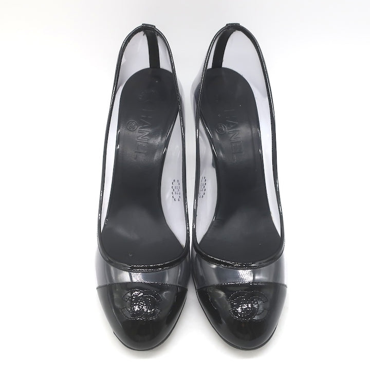 Chanel 07P CC Cap Toe PVC &amp; Patent Leather Pumps Clear/Black Size 38.5