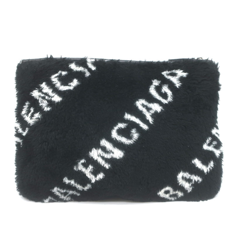 Balenciaga Allover Logo Faux Fur Clutch Black