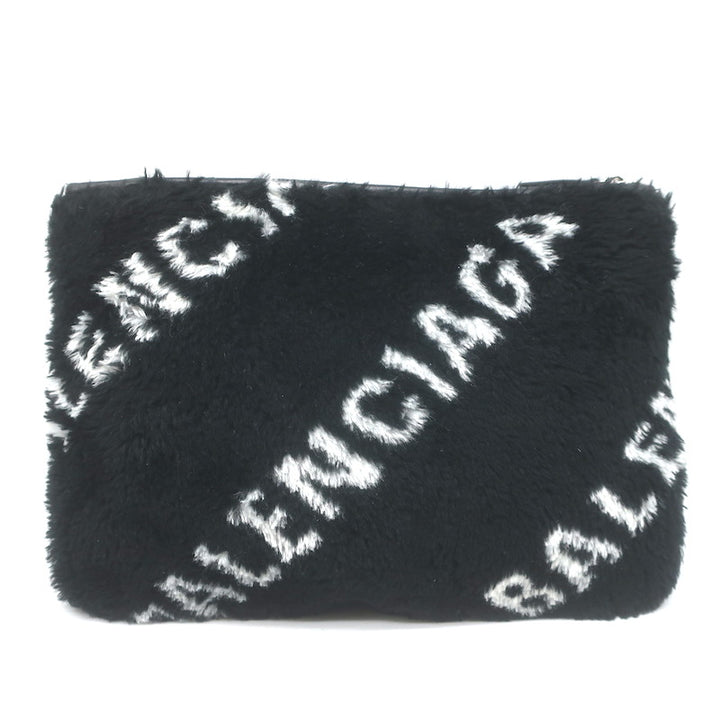 Balenciaga Allover Logo Faux Fur Clutch Black