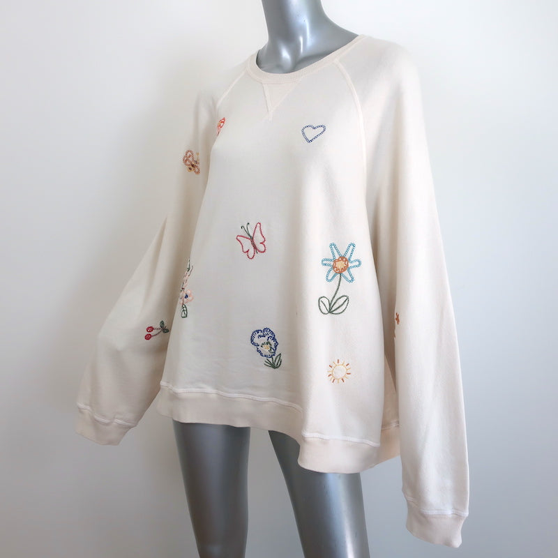 THE GREAT The Slouch Embroidered Sweatshirt Ivory Size 3