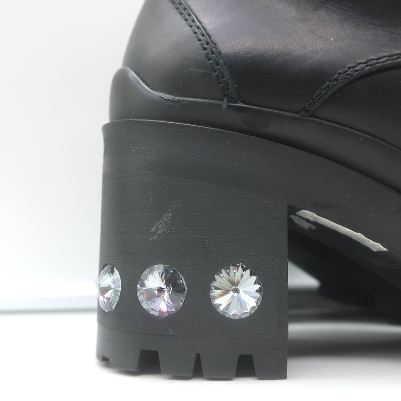 Miu Miu Nevermind Crystal-Embellished Combat Boots Black Leather Size 35.5