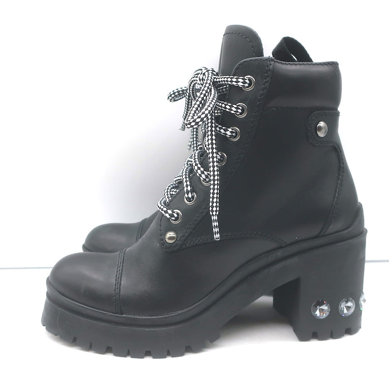 Miu Miu Nevermind Crystal-Embellished Combat Boots Black Leather Size 35.5