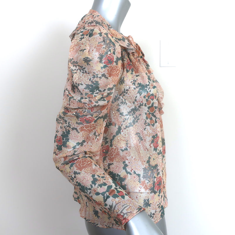 Ulla Johnson Colette Blouse Light Pink Lurex Floral Print Silk Size 0