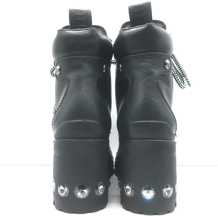 Miu Miu Nevermind Crystal-Embellished Combat Boots Black Leather Size 35.5