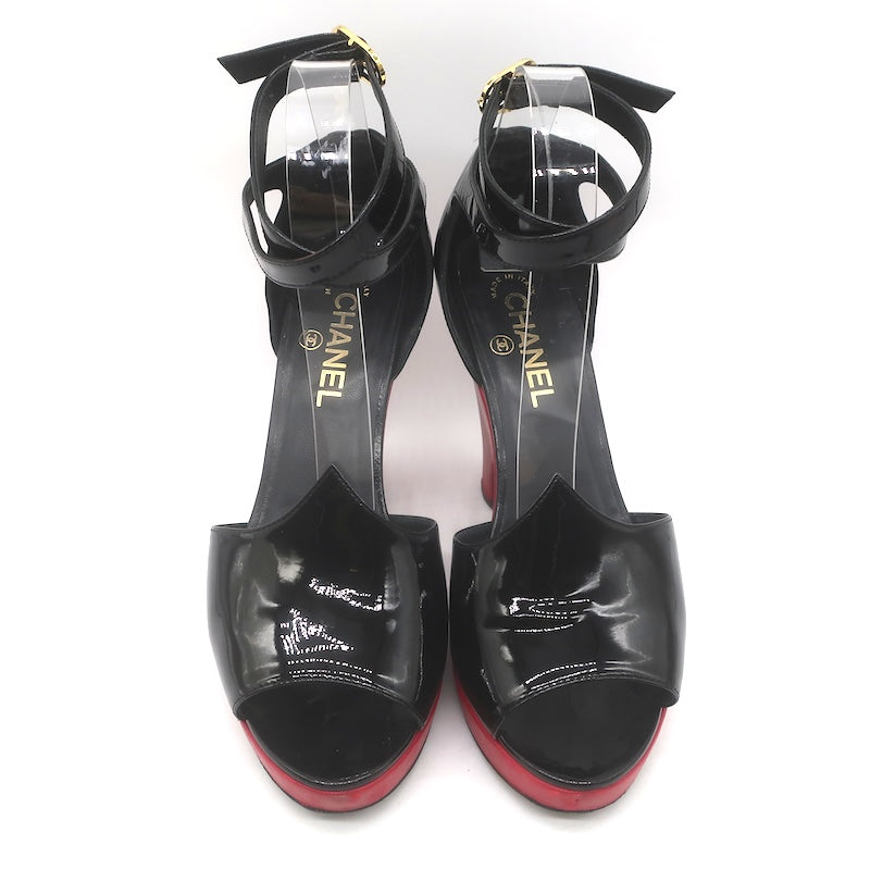Chanel 10C Ankle Strap Bicolor Platform Wedge Sandals Black Patent/Red Size 39.5