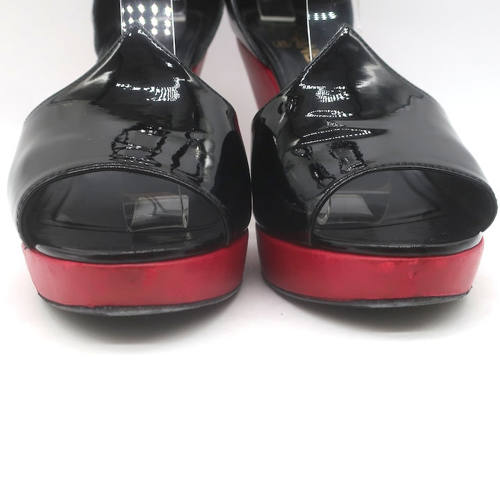 Chanel 10C Ankle Strap Bicolor Platform Wedge Sandals Black Patent/Red Size 39.5