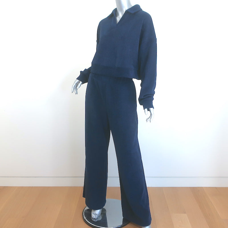 Alo Cozy Day Henley Pullover &amp; Wide Leg Sweatpants Set Navy Velvet Size Medium