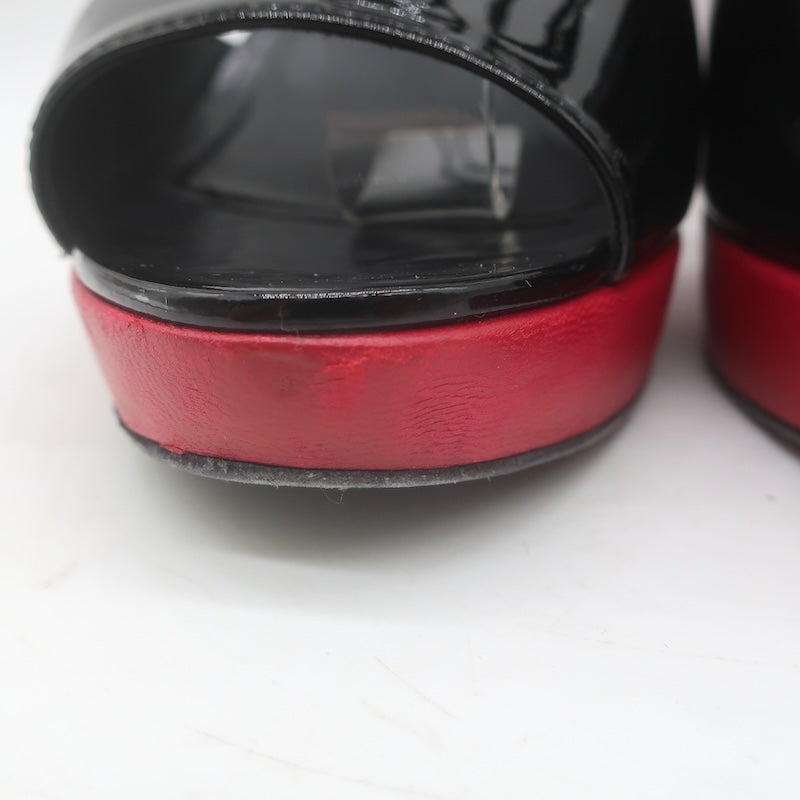 Chanel 10C Ankle Strap Bicolor Platform Wedge Sandals Black Patent/Red Size 39.5