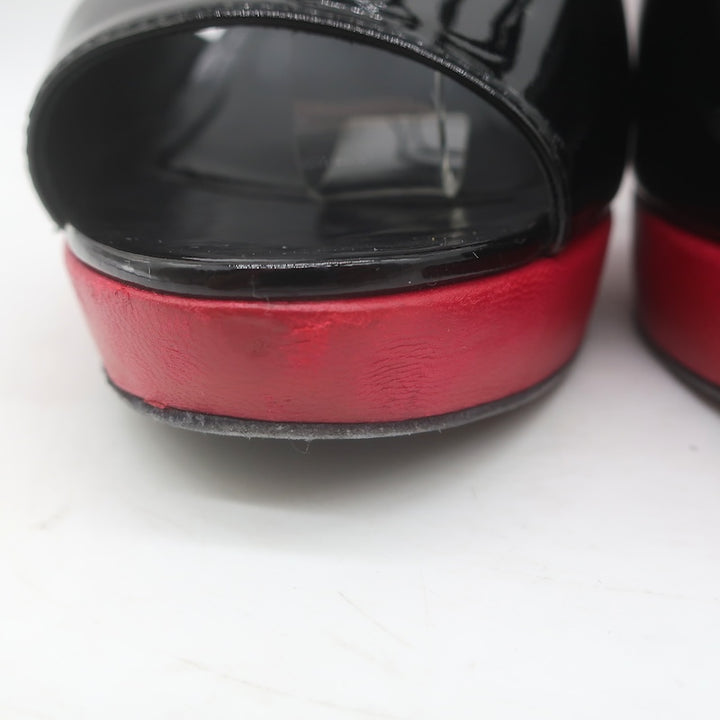 Chanel 10C Ankle Strap Bicolor Platform Wedge Sandals Black Patent/Red Size 39.5