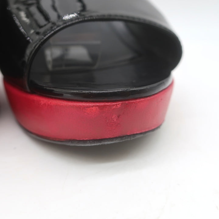 Chanel 10C Ankle Strap Bicolor Platform Wedge Sandals Black Patent/Red Size 39.5