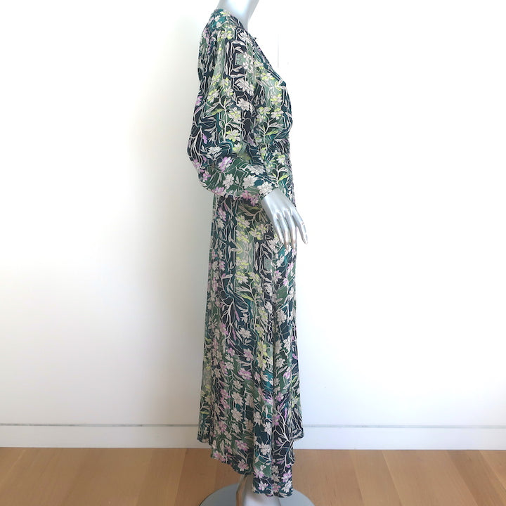 Maria Cher Ruched Long Sleeve Midi Dress Green Floral Print Crepe Size Medium