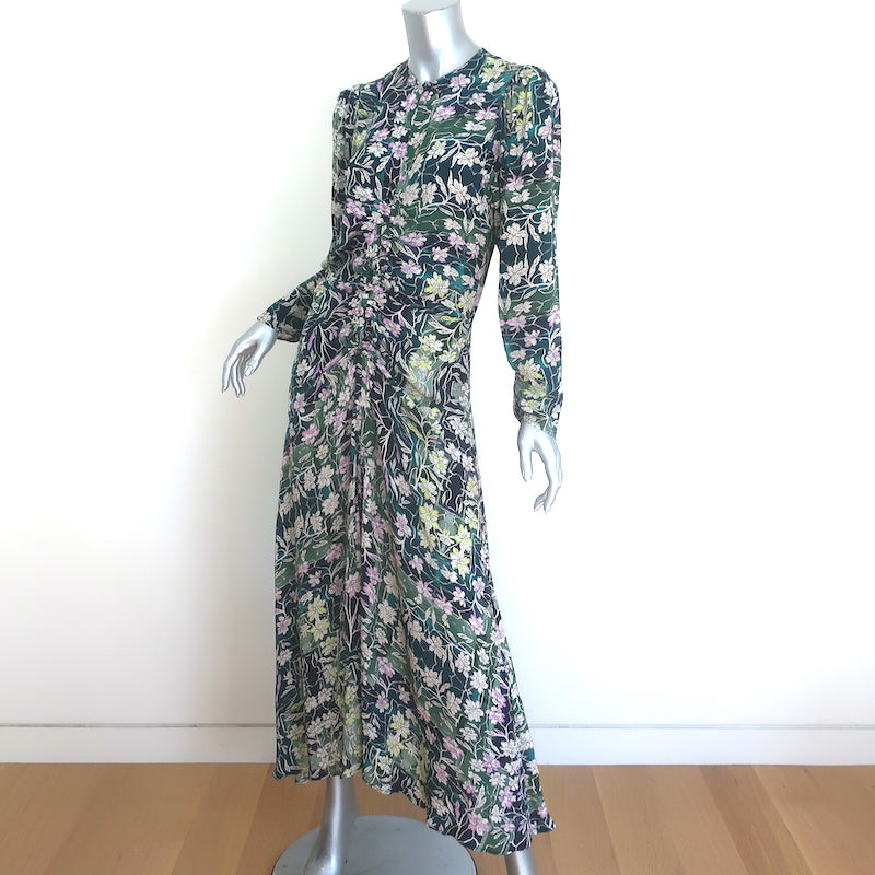 Maria Cher Ruched Long Sleeve Midi Dress Green Floral Print Crepe Size Medium