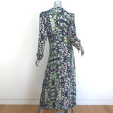 Maria Cher Ruched Long Sleeve Midi Dress Green Floral Print Crepe Size Medium