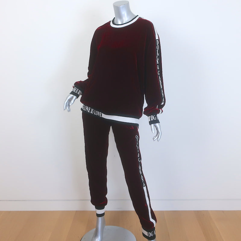 Dolce &amp; Gabbana Amore Velvet Tracksuit Bordeaux Size 42 Sweatshirt &amp; Pants Set