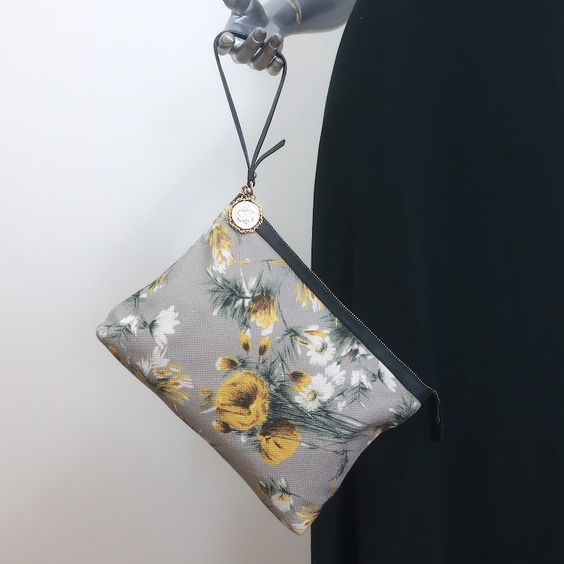 Dolce &amp; Gabbana Floral Print Canvas Small Wristlet Clutch Gray