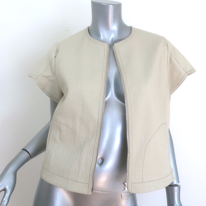 Akris Punto Flutter Sleeve Zip-Up Jacket Beige Stretch Cotton Canvas Size US 8