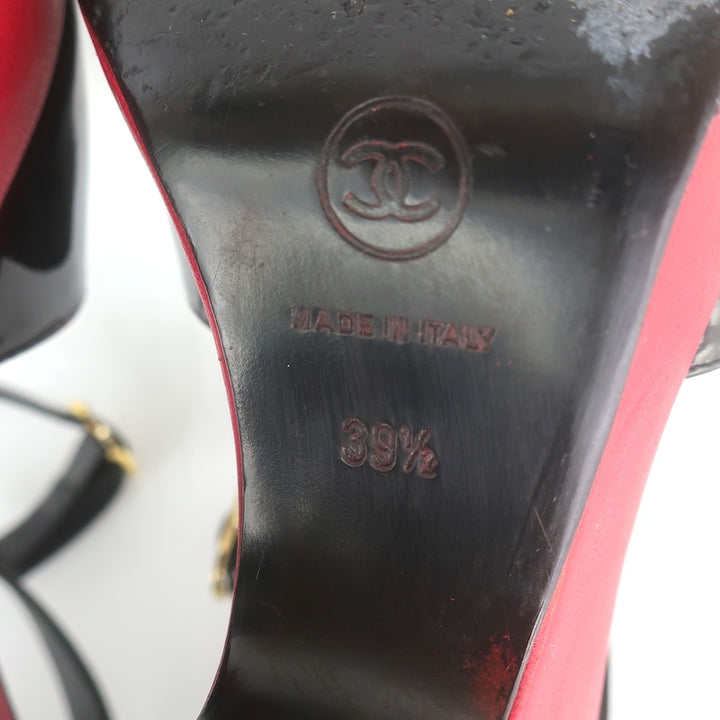 Chanel 10C Ankle Strap Bicolor Platform Wedge Sandals Black Patent/Red Size 39.5