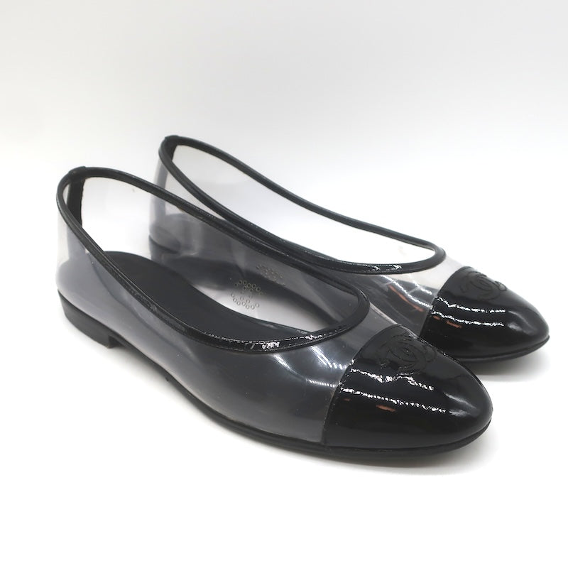 Chanel 10B CC Cap Toe PVC &amp; Patent Leather Ballet Flats Clear/Black Size 39