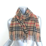 Vintage Burberry London Cashmere Nova Check Fringe Scarf Tan