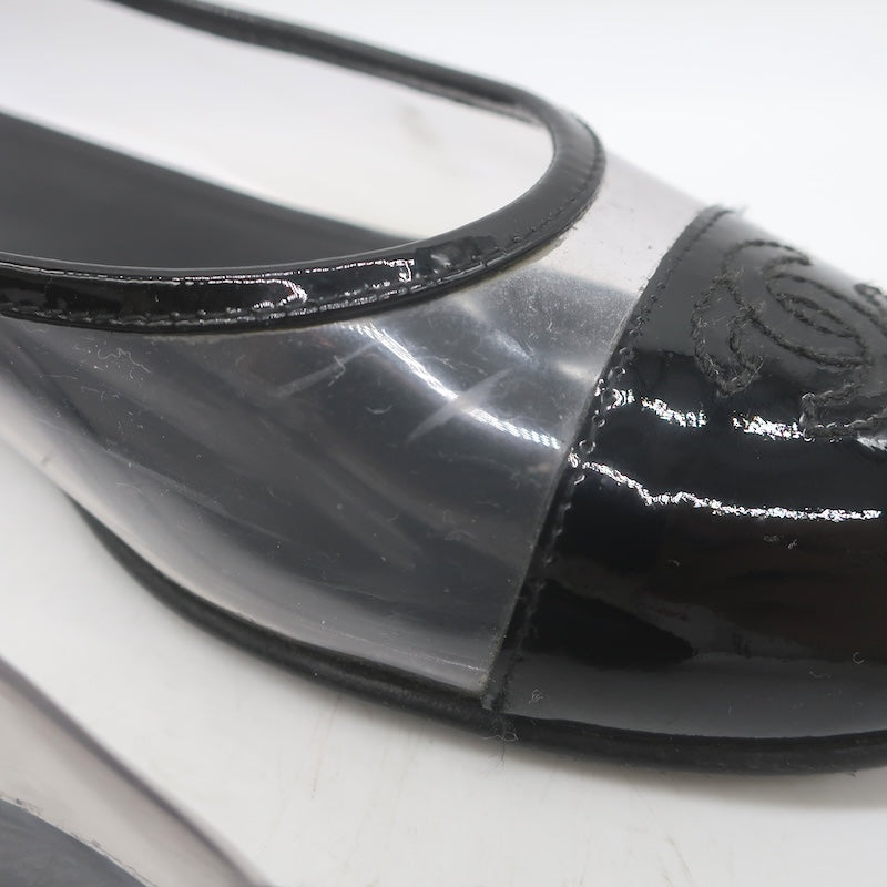 Chanel 10B CC Cap Toe PVC &amp; Patent Leather Ballet Flats Clear/Black Size 39
