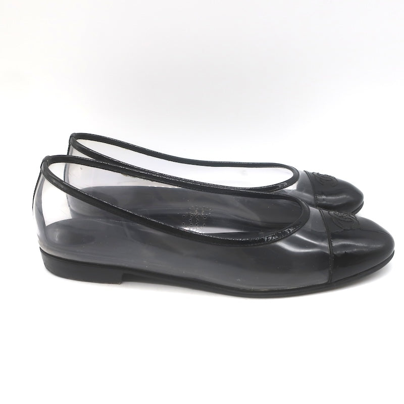Chanel 10B CC Cap Toe PVC &amp; Patent Leather Ballet Flats Clear/Black Size 39