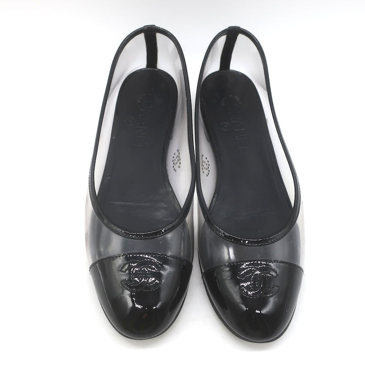 Chanel 10B CC Cap Toe PVC &amp; Patent Leather Ballet Flats Clear/Black Size 39