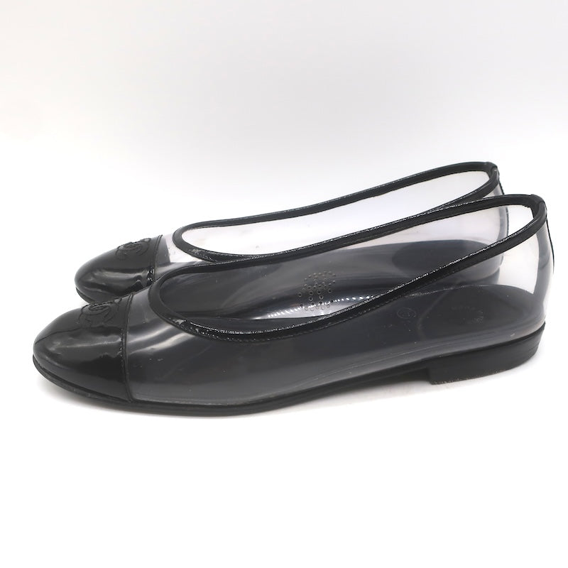 Chanel 10B CC Cap Toe PVC &amp; Patent Leather Ballet Flats Clear/Black Size 39
