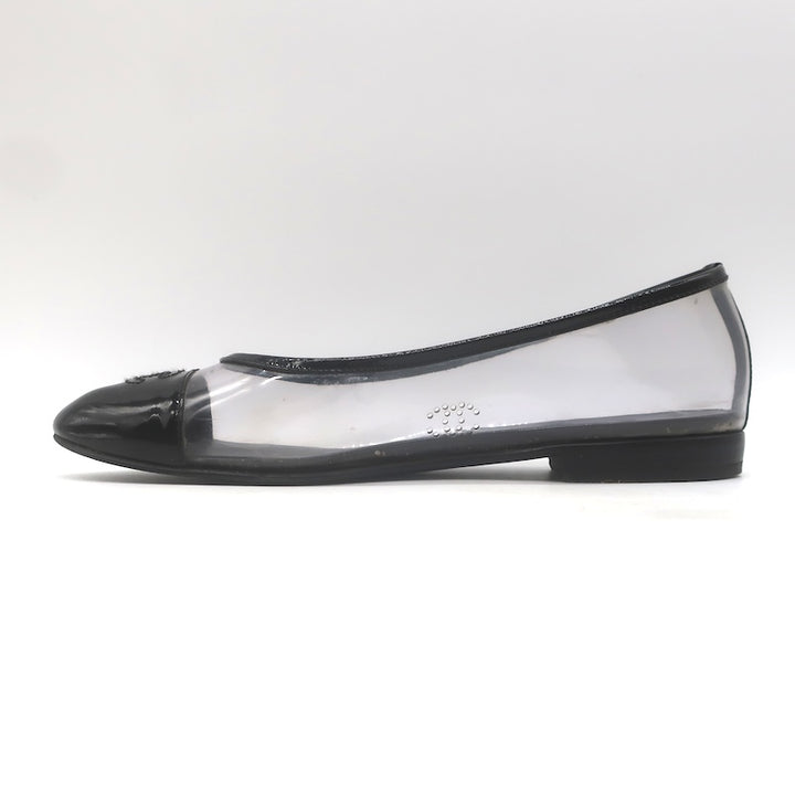 Chanel 10B CC Cap Toe PVC &amp; Patent Leather Ballet Flats Clear/Black Size 39