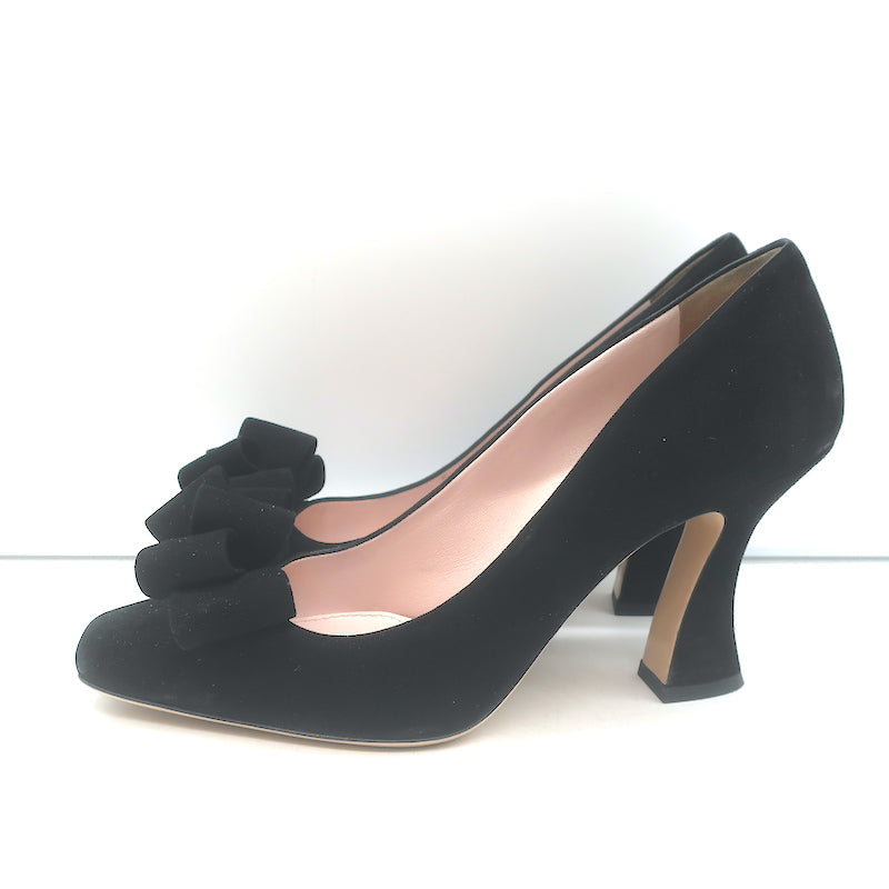 Miu Miu Bow Pumps Black Suede Size 38 Square Toe Heels