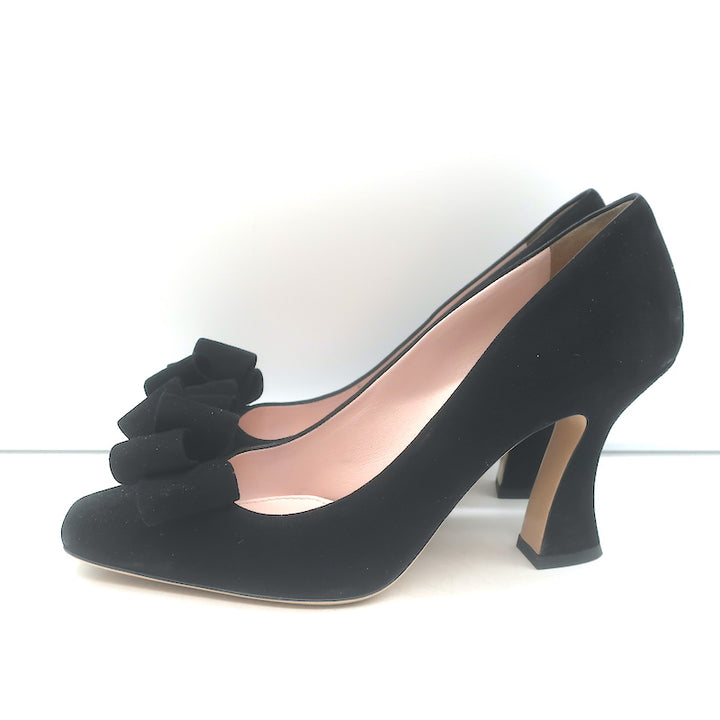 Miu Miu Bow Pumps Black Suede Size 38 Square Toe Heels