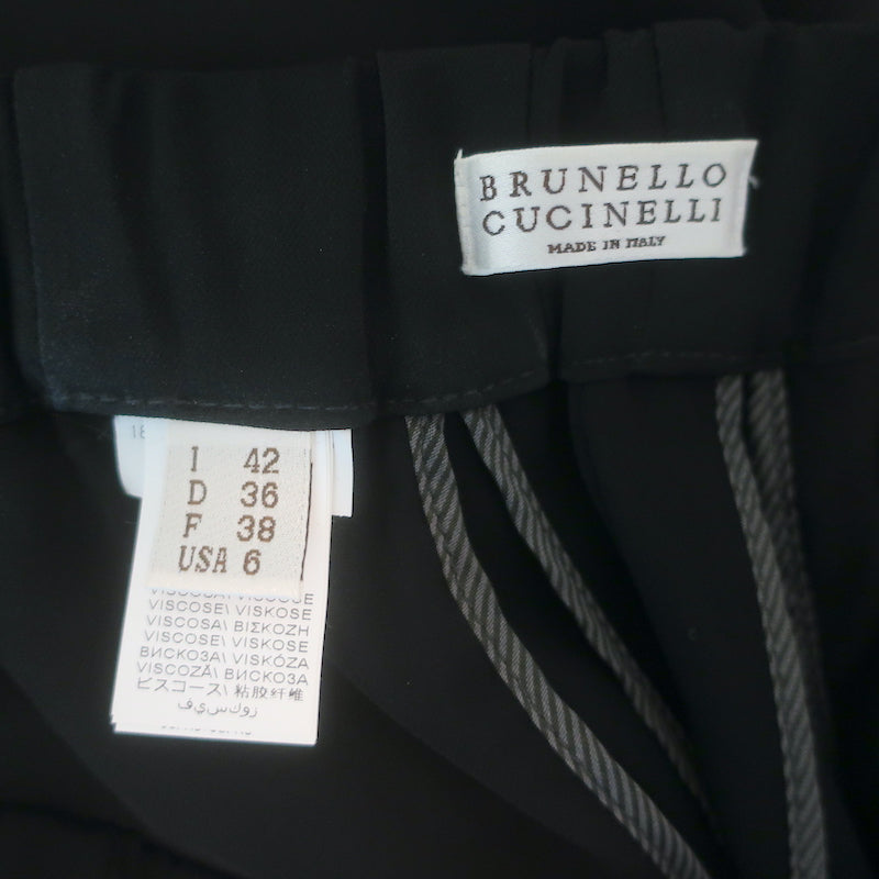 Brunello Cucinelli Monili Side-Stripe Ribbon Tie Pants Black Crepe Size 42