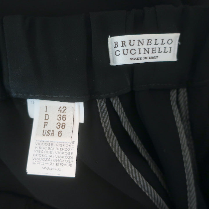 Brunello Cucinelli Monili Side-Stripe Ribbon Tie Pants Black Crepe Size 42