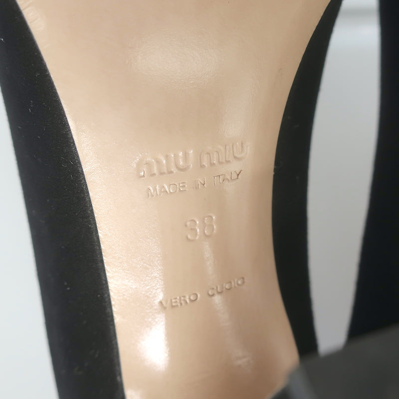 Miu Miu Bow Pumps Black Suede Size 38 Square Toe Heels
