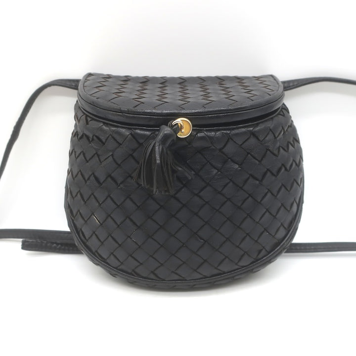 Vintage Bottega Veneta Intrecciato Tassel Mini Crossbody Bag Black Leather