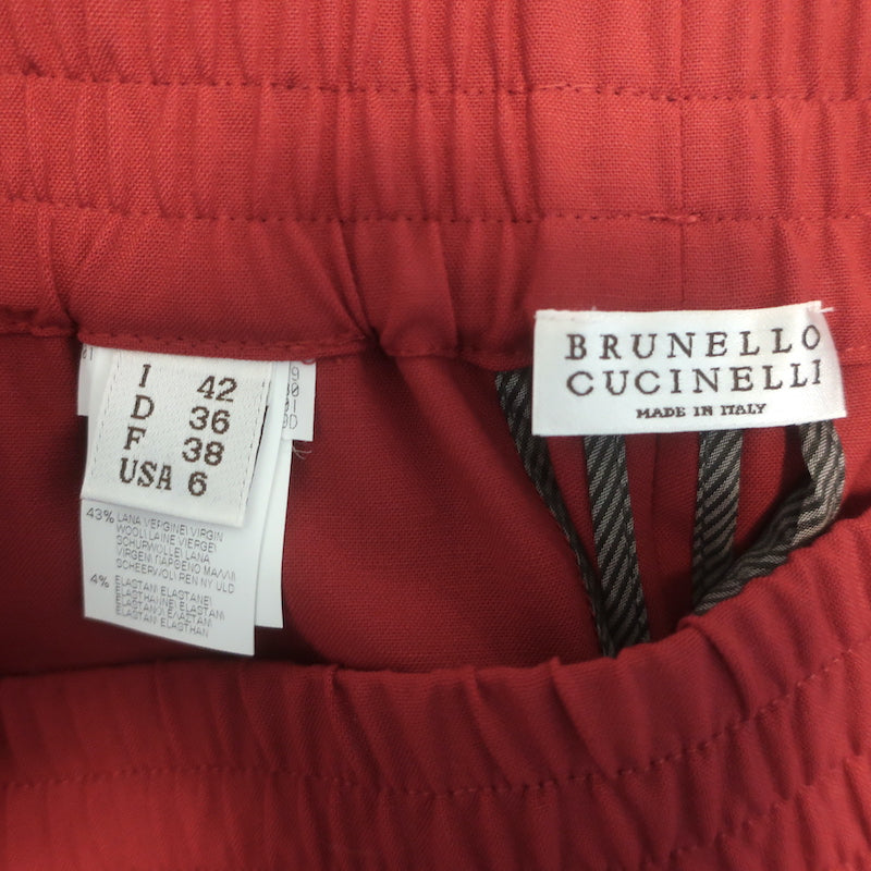 Brunello Cucinelli Elastic-Waist Cropped Tapered Pants Red Stretch Wool Size 42