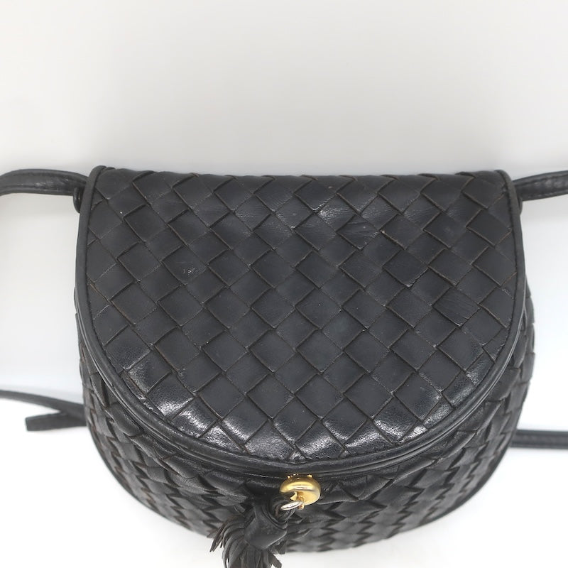 Vintage Bottega Veneta Intrecciato Tassel Mini Crossbody Bag Black Leather