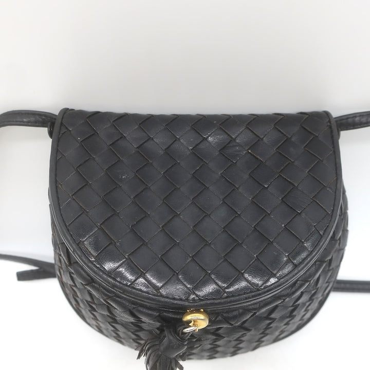 Vintage Bottega Veneta Intrecciato Tassel Mini Crossbody Bag Black Leather