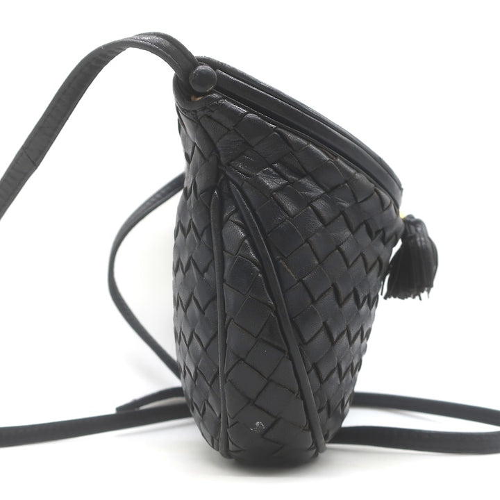 Vintage Bottega Veneta Intrecciato Tassel Mini Crossbody Bag Black Leather