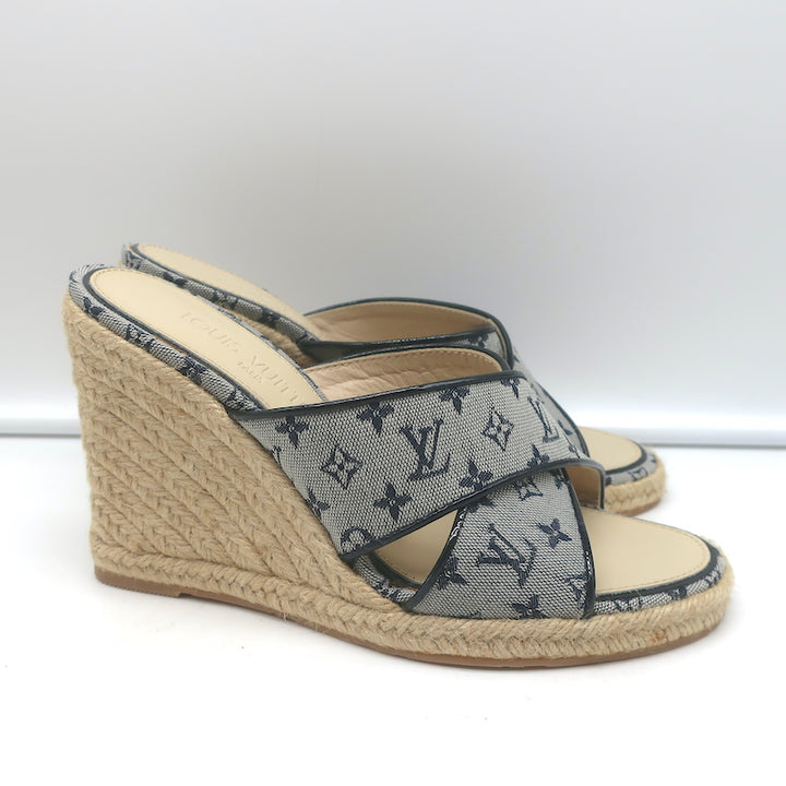Louis Vuitton Mini Lin Crisscross Espadrille Wedges Blue Monogram Size 37.5 NEW