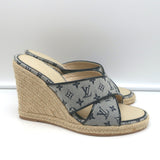 Louis Vuitton Mini Lin Crisscross Espadrille Wedges Blue Monogram Size 37.5 NEW