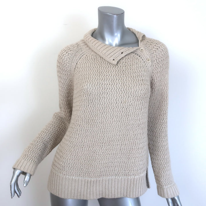 Loro Piana Buttoned-Shoulder Turtleneck Sweater Oatmeal Cotton-Cashmere Size 38