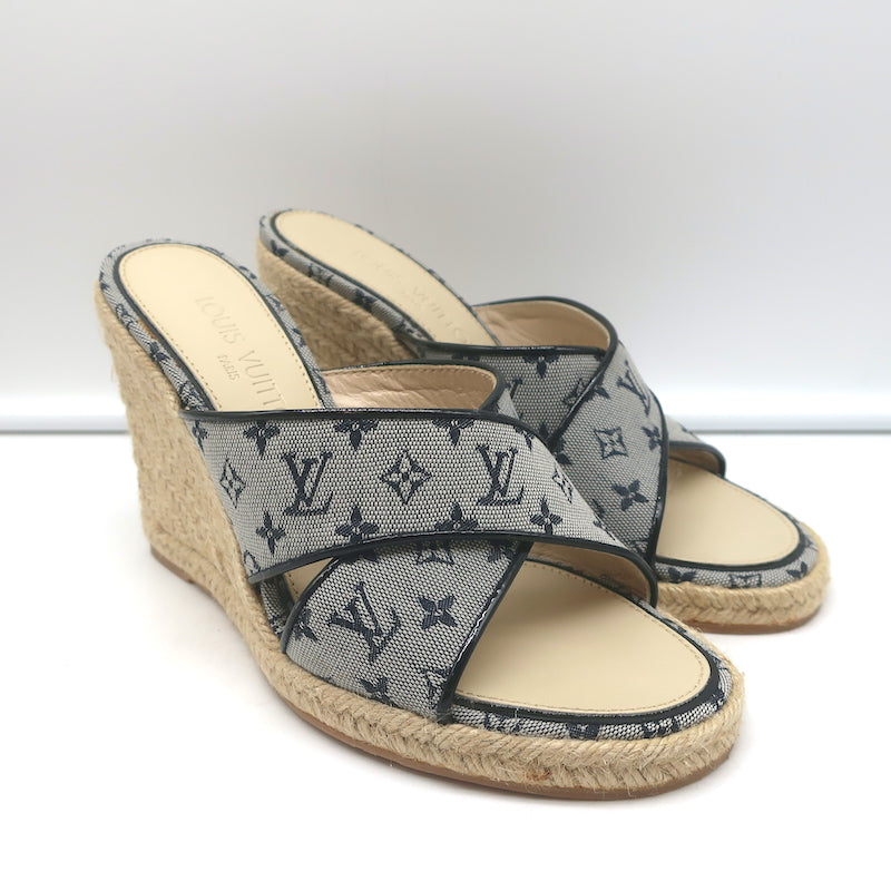Louis Vuitton Mini Lin Crisscross Espadrille Wedges Blue Monogram Size 37.5 NEW