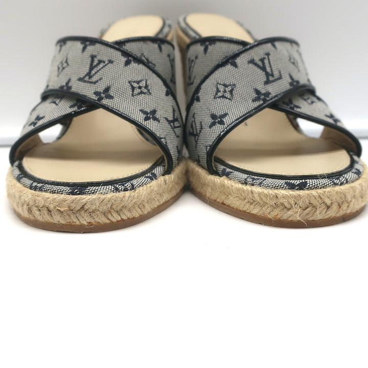 Louis Vuitton Mini Lin Crisscross Espadrille Wedges Blue Monogram Size 37.5 NEW