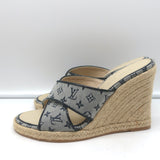 Louis Vuitton Mini Lin Crisscross Espadrille Wedges Blue Monogram Size 37.5 NEW