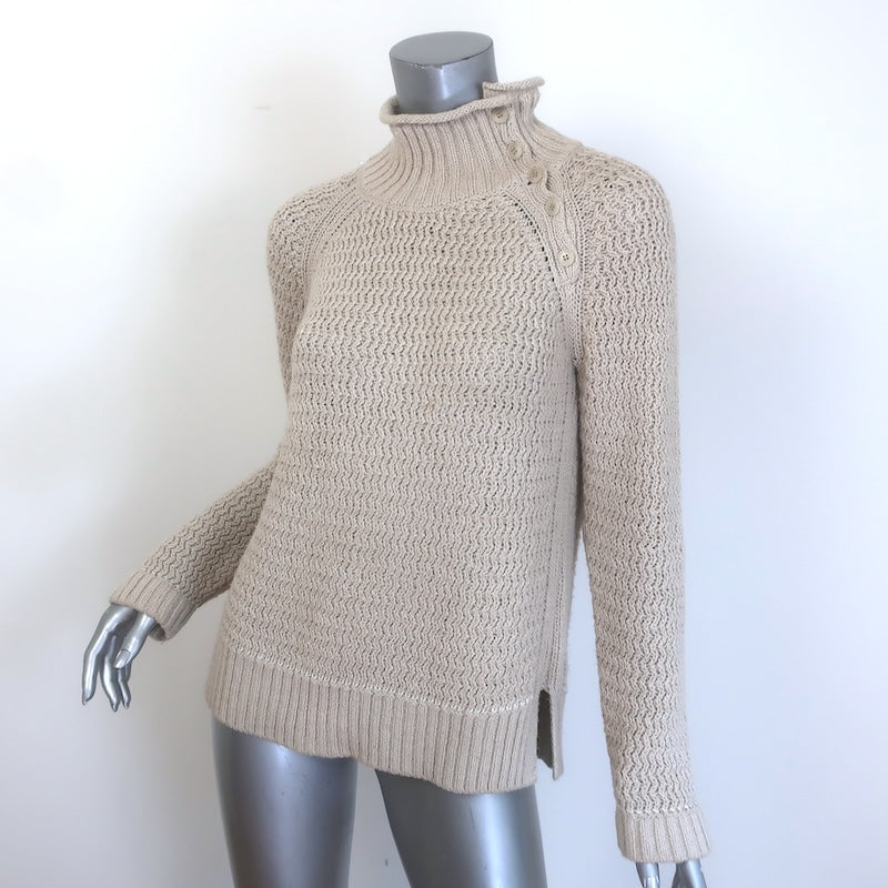 Loro Piana Buttoned-Shoulder Turtleneck Sweater Oatmeal Cotton-Cashmere Size 38
