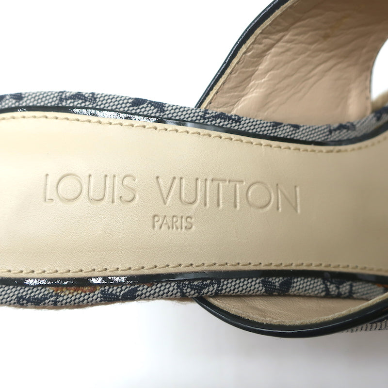 Louis Vuitton Mini Lin Crisscross Espadrille Wedges Blue Monogram Size 37.5 NEW