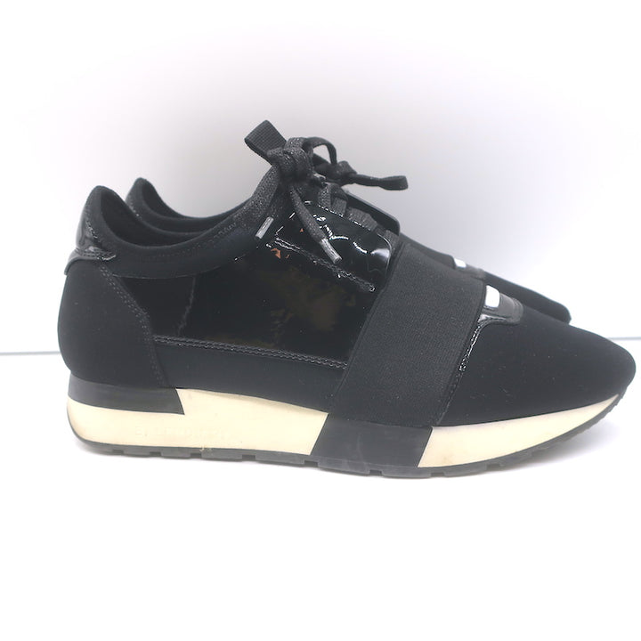 Balenciaga Race Runner Low Top Sneakers Black Neoprene &amp; Patent Leather Size 37