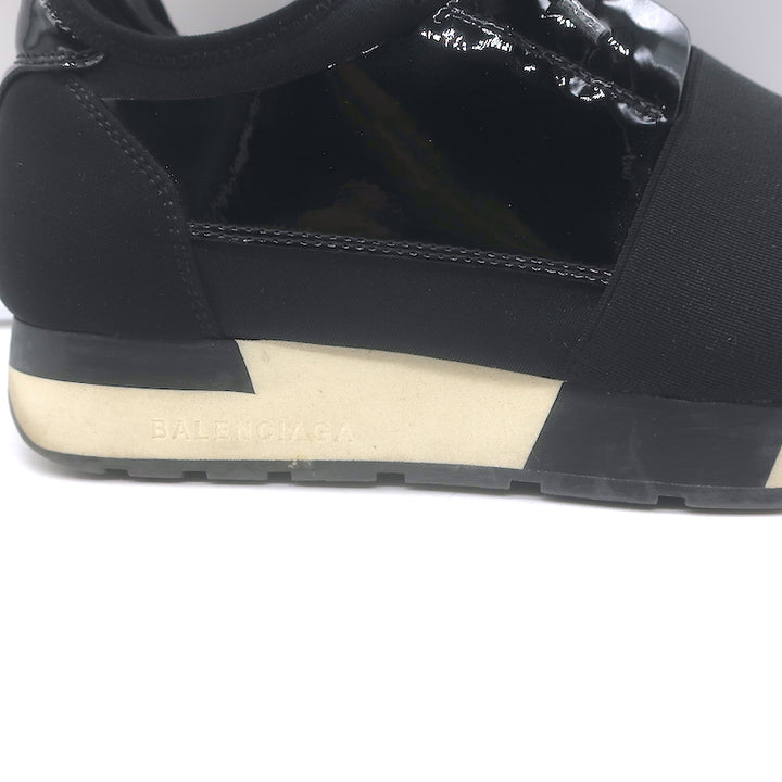 Balenciaga Race Runner Low Top Sneakers Black Neoprene &amp; Patent Leather Size 37
