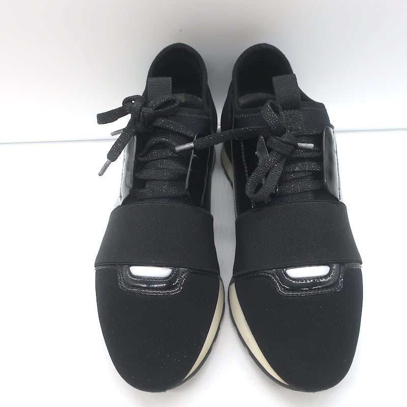 Balenciaga Race Runner Low Top Sneakers Black Neoprene &amp; Patent Leather Size 37