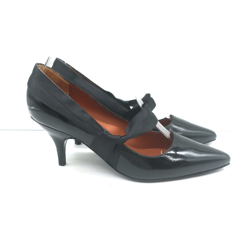 Lanvin Mary Jane Pumps Black Patent Leather Size 37.5 Pointed Toe Heels